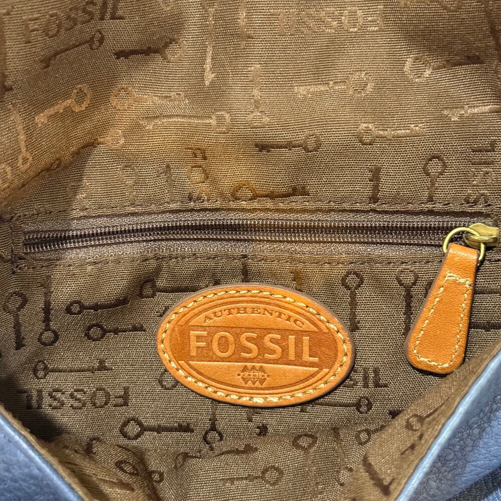 Fossil Blue Pebbled Leather Crossbody Bag Brown Trim Vintage Style - Picture 9 of 15